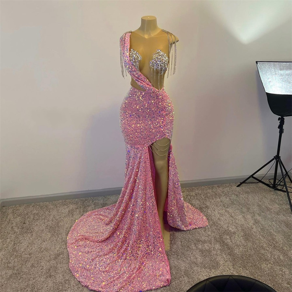 Glitter Pink Sequins Prom Dresses For Black Girls Tassels Luxury Dress For Gala Party 2023 Split Slit Long Mermaid Evening Gowns S2457