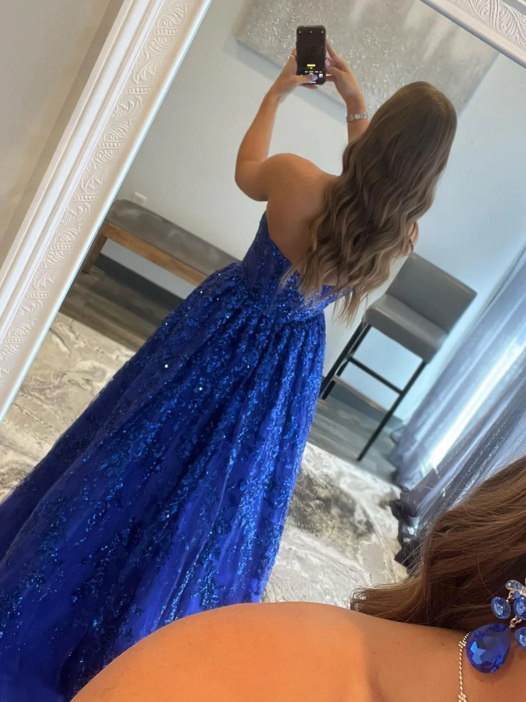 Blue A line tulle sequin long prom dress, blue tulle evening dress S2498