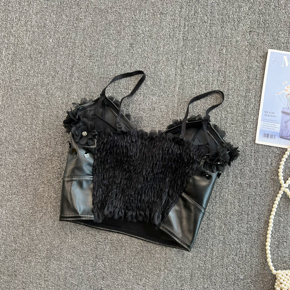 Fashionable PU leather tops handmade three-dimensional flower vest S248