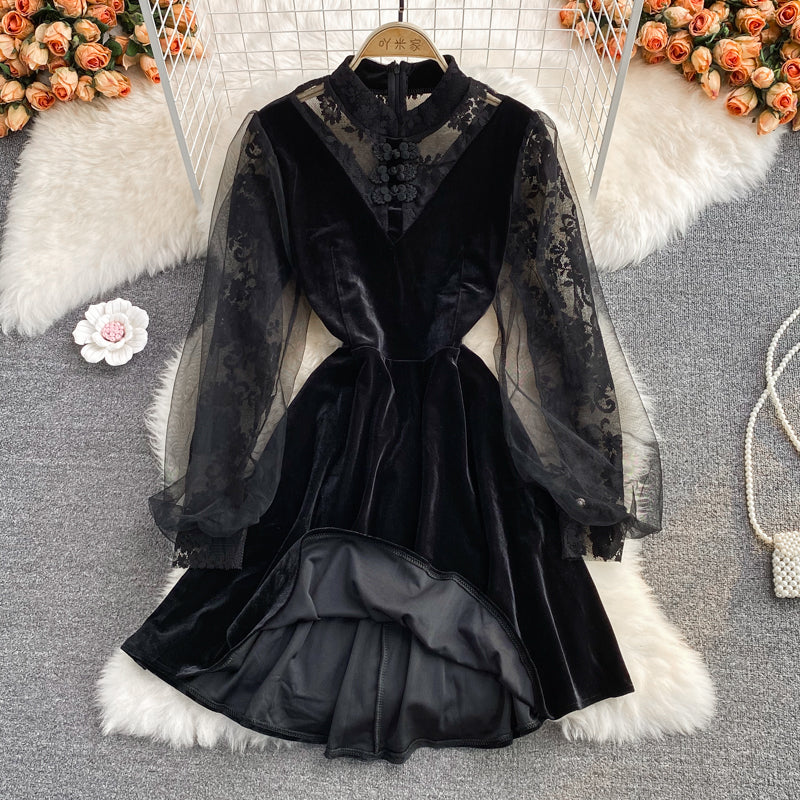 Black lace long sleeve dress black fashion dress S84