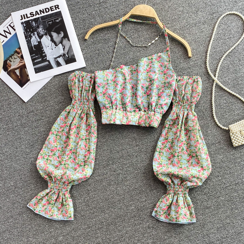 Cute floral long sleeve tops crop tops S468