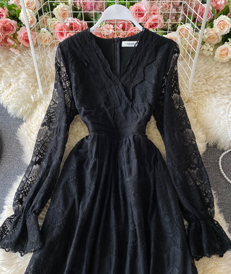 Elegant v neck lace long sleeve dress S09