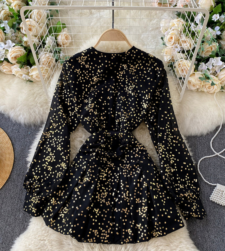 Stylish v neck short dress with stars S26