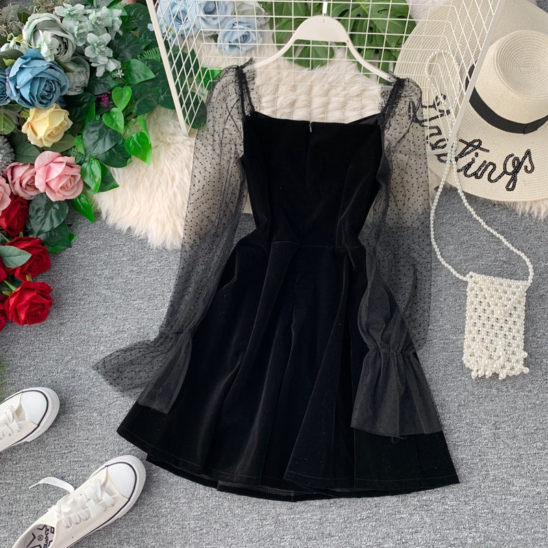 Black velvet short dress black fashion dress S39
