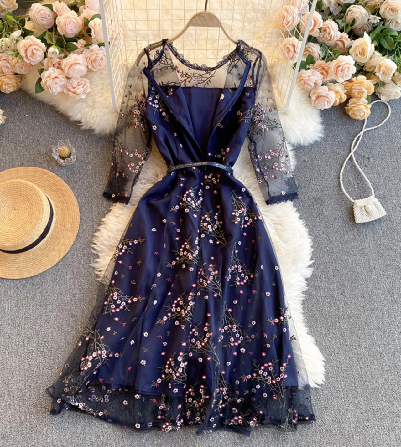 Blue lace short A line dress fashion girl dress S101