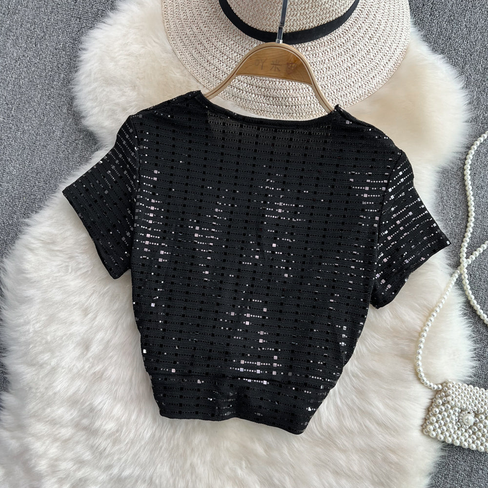 Shiny v neck sequins tops crop tops S526