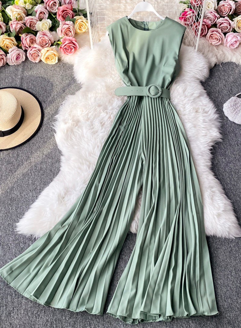 Stylish sleeveless jumpsuit slim fit pleated wide-leg trousers S114