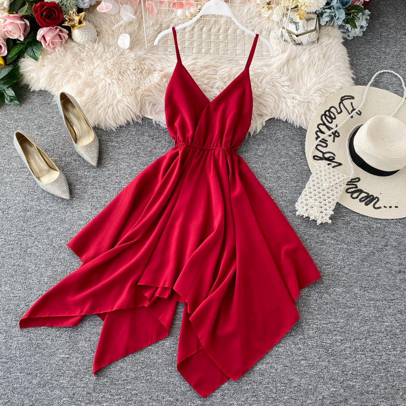 Cute A line v neck chiffon irregular dress S378