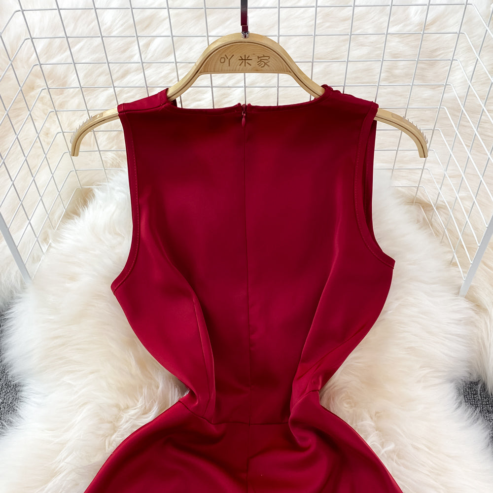 Red v neck irregular dress S416