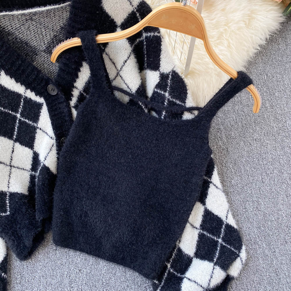 Cute diamond knit cardigan short sweater crop tops S590