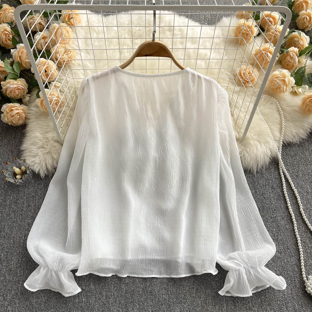 Lovely v-neck bow lace long sleeve top S253