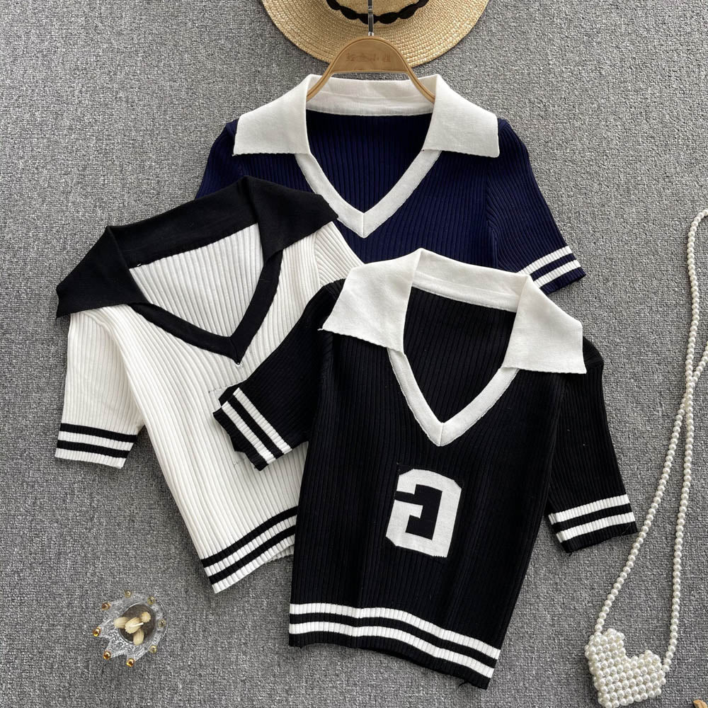 Simple v-neck knitted top S349