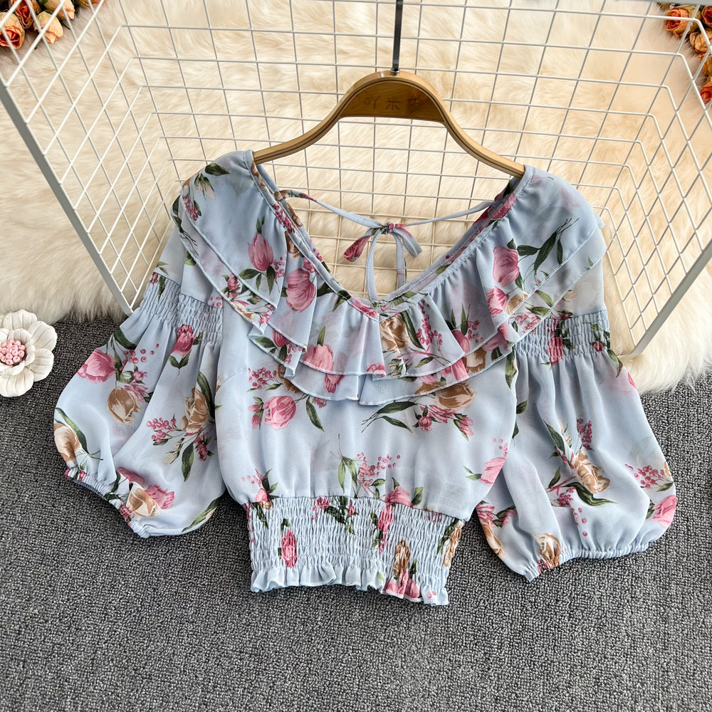 Cute v neck chiffon tops crop tops S512