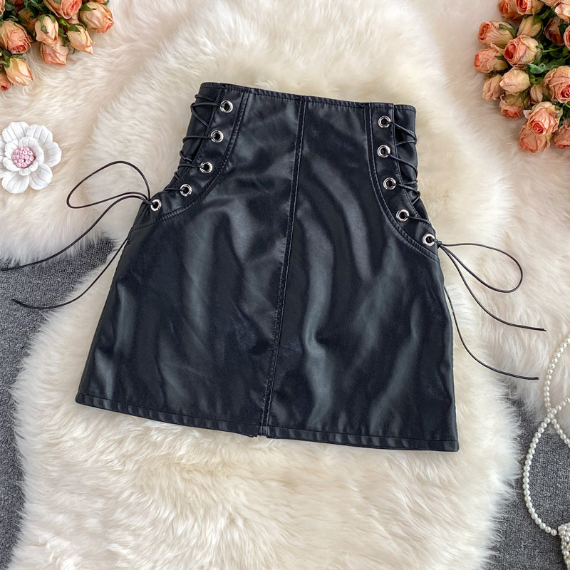 Black A line PU leather skirt S492