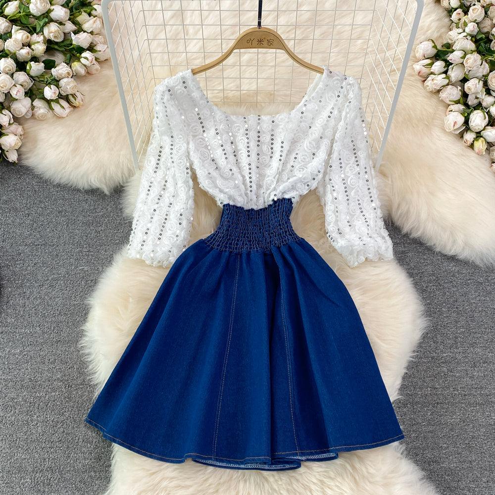 Cute Denim Sequin Panel Dress S427