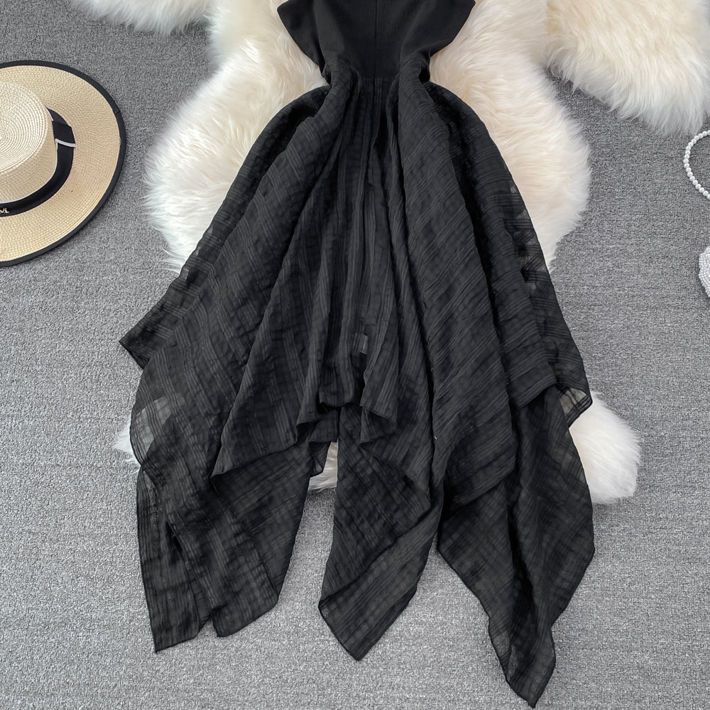Black irregular backless dress A line fashion dress S463