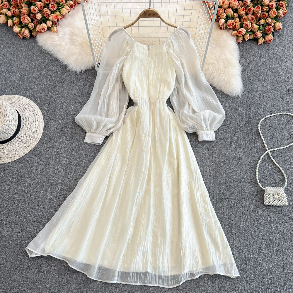 Champagne v neck long sleeve dress A line fashion dress S229