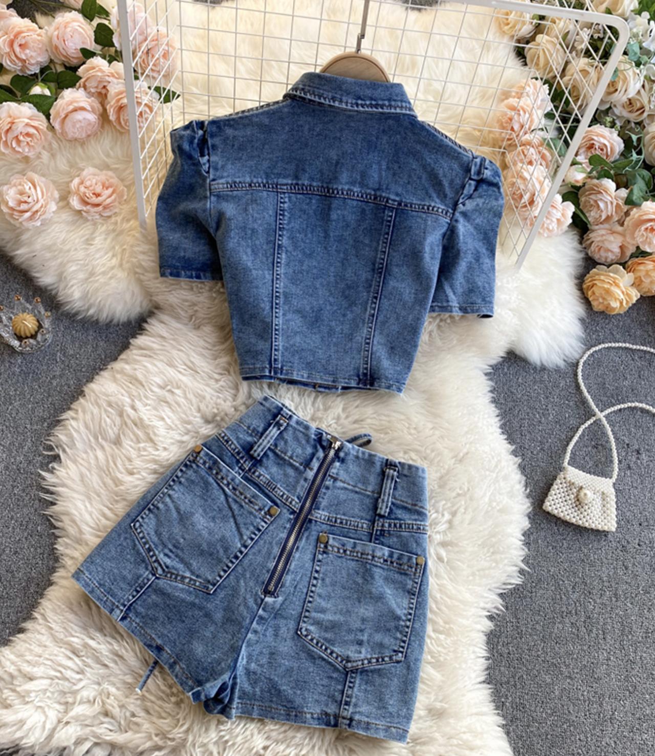 Stylish two-piece suit denim tops + short lace up shorts S59