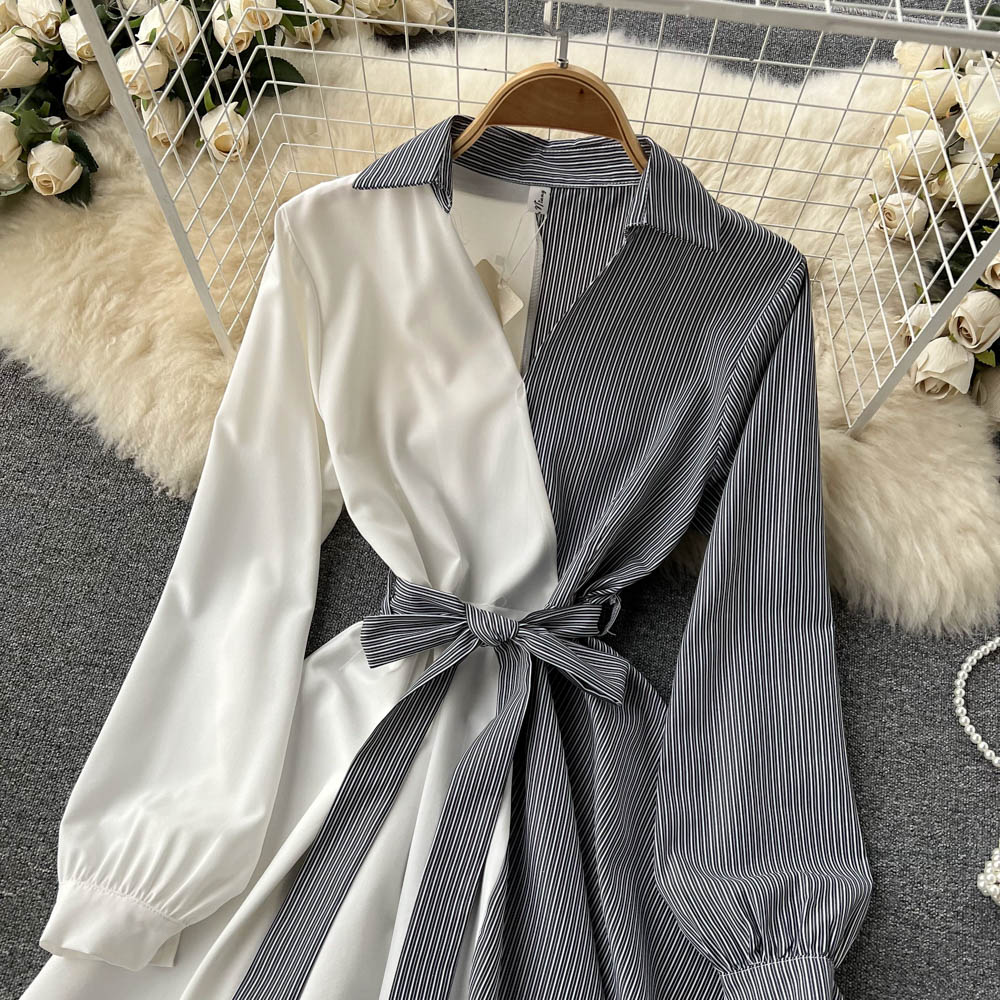 Fashionable striped long-sleeved irregular dress S269