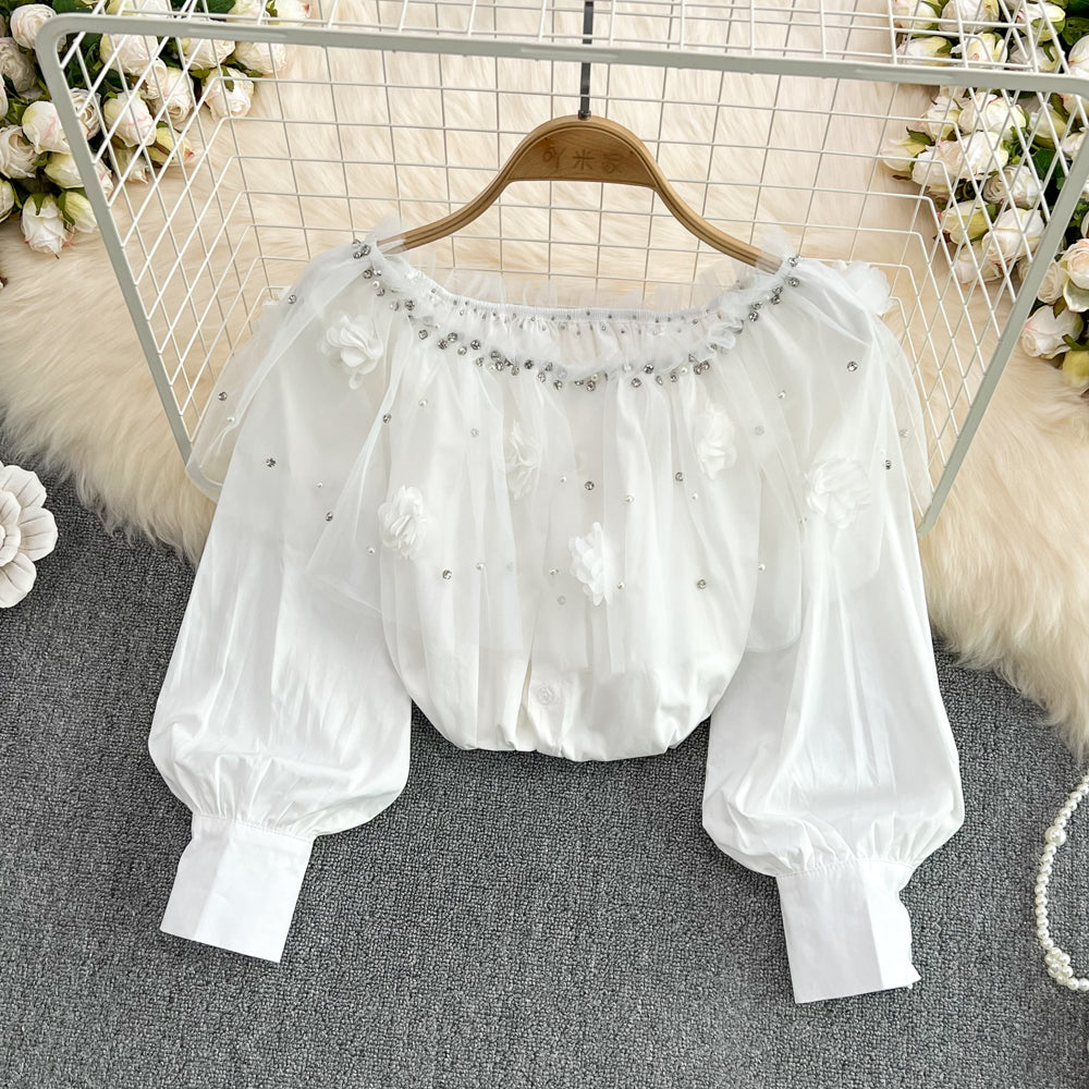 Cute applique beads long sleeve tops fashion girl tops S399