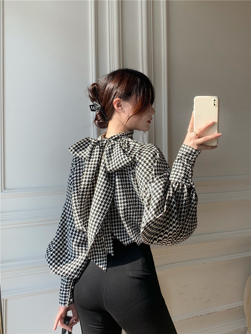 Cute bow houndstooth top S489