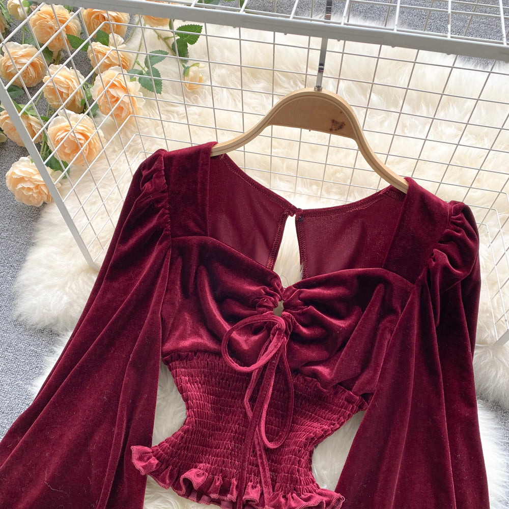 Stylish velvet long sleeve crop tops S54