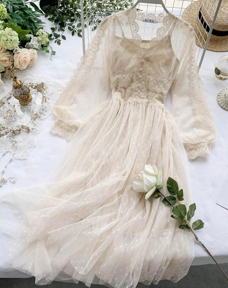 A line tulle lace long sleeve dress fashion dress S108