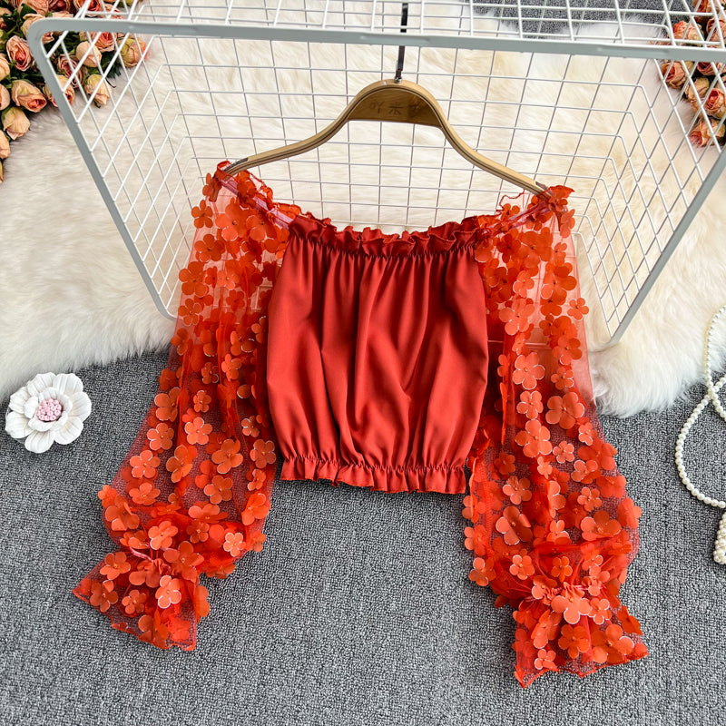 Cute Chiffon Flower Long Sleeve Top Crop Tops S529