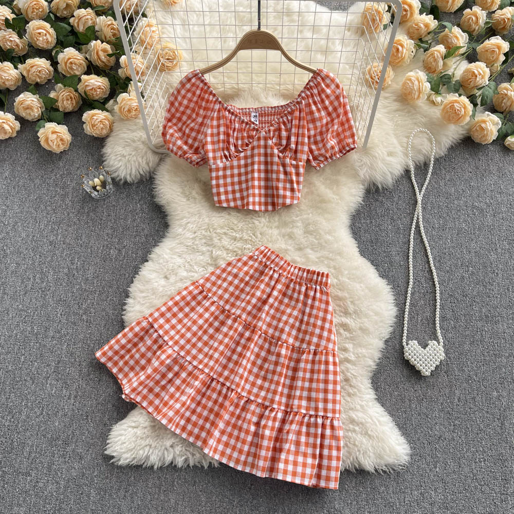 Cute Plaid Two Piece Dress A Line Fashion Dress S458