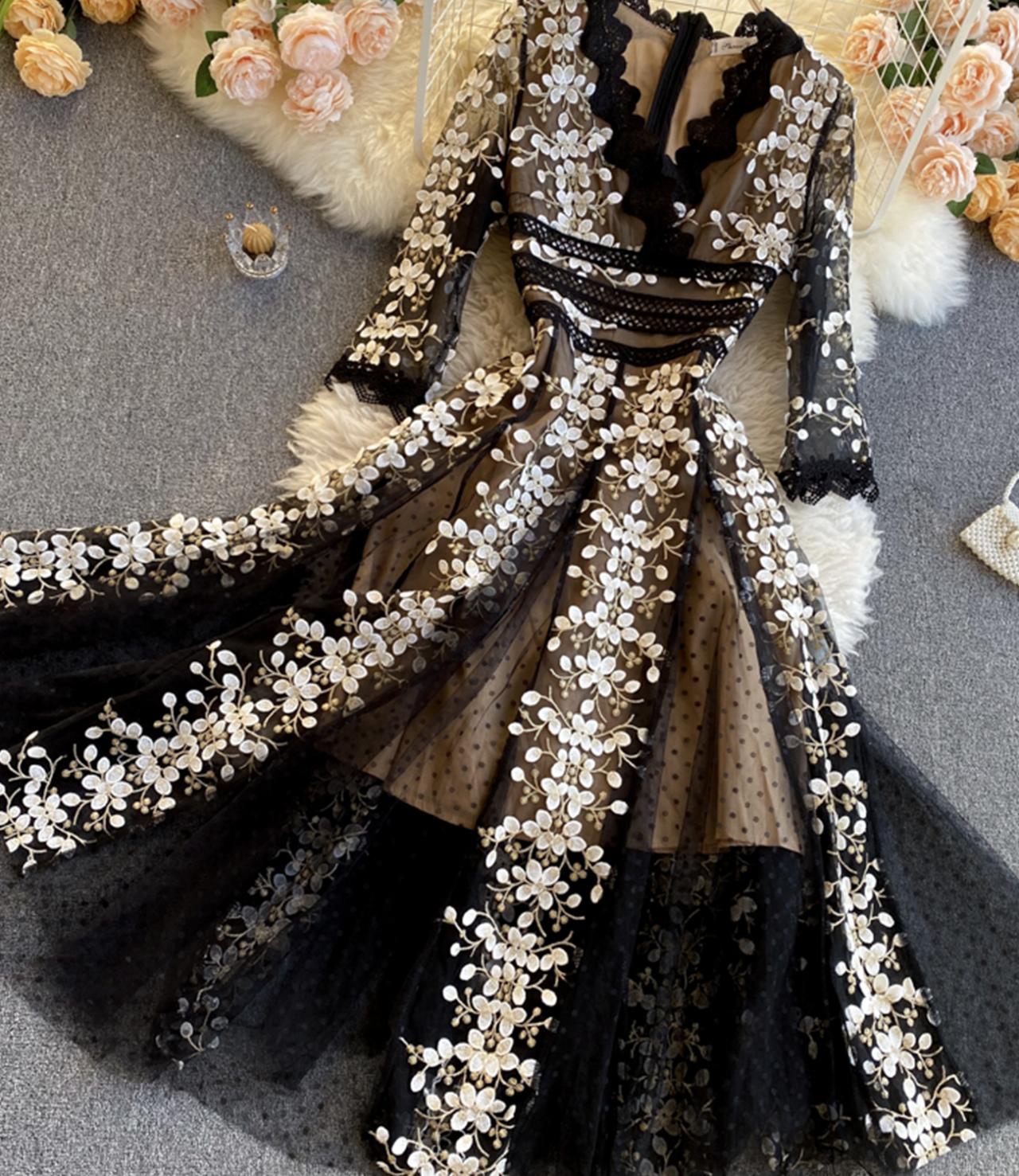 Black v neck lace dress A line party dress S117