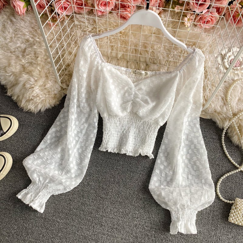 Cute v neck chiffon long sleeve tops crop tops S198