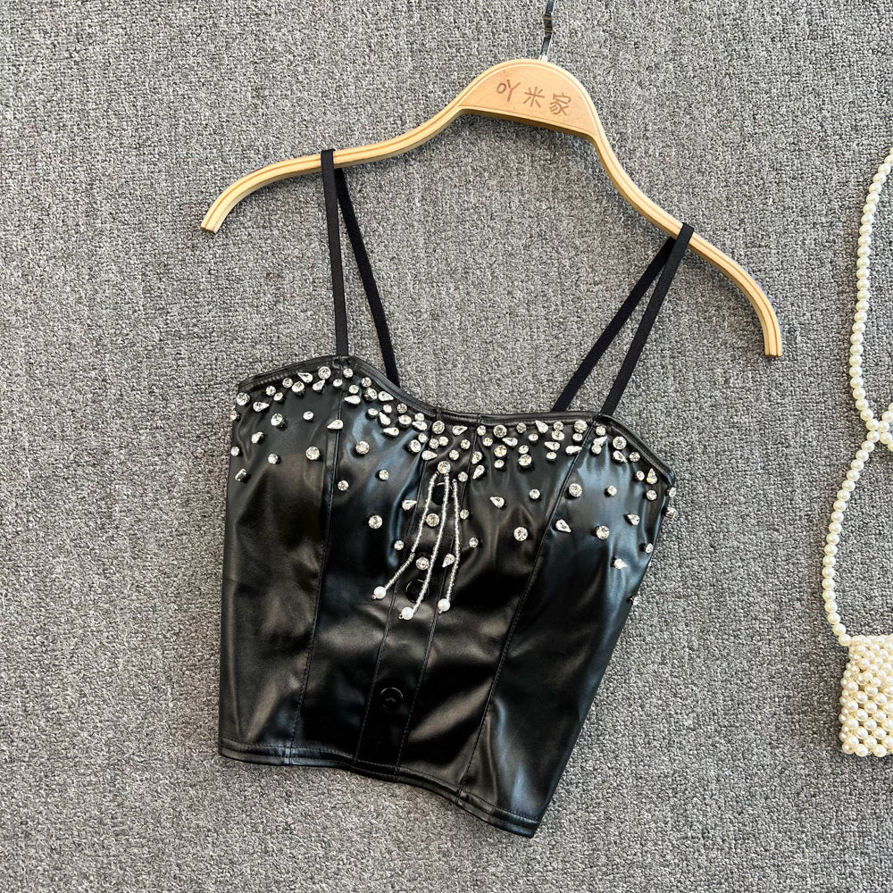 Fashionable PU leather tops handmade beads vest S247