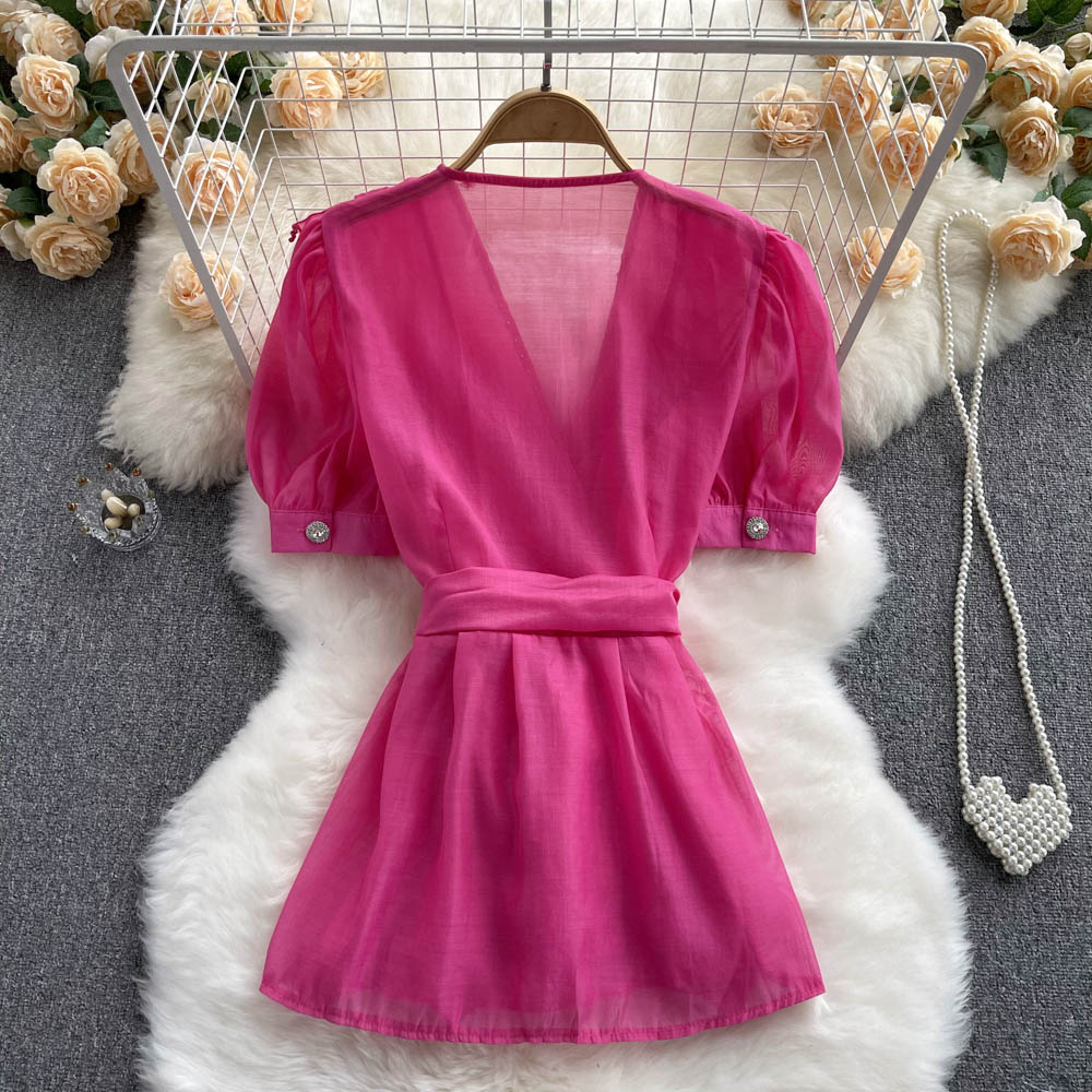 Cute V-neck short sleeve tops S322