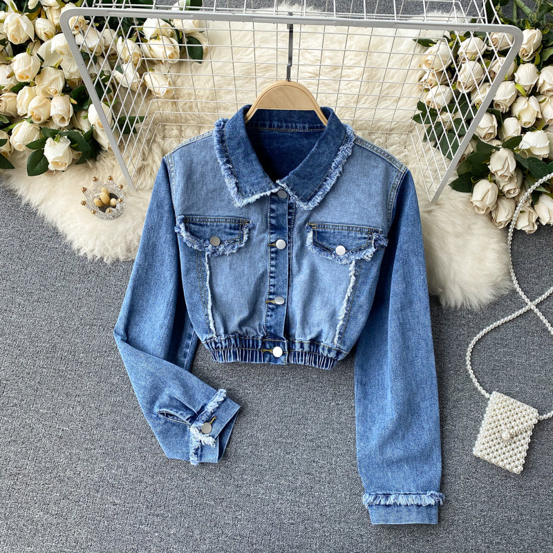 Chic denim long-sleeved cropped top S42