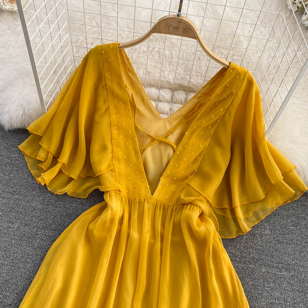 Yellow chiffon A line dress yellow fashion dress S189