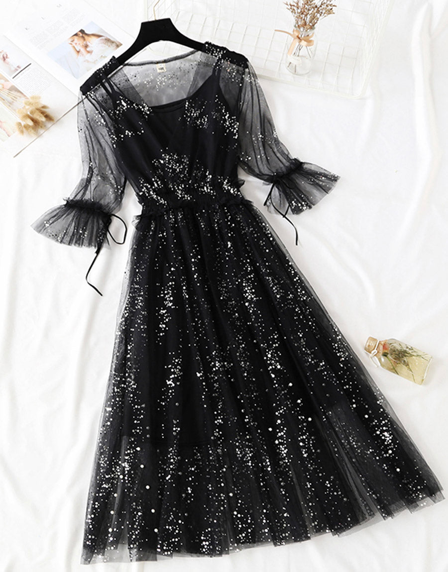 A line two pieces tulle dress with sequins S89
