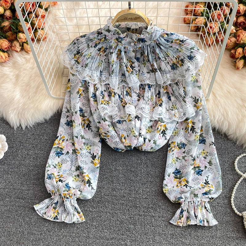 Sweet Ruffle Stand Collar Floral Chiffon Pleated Shirt Top S208