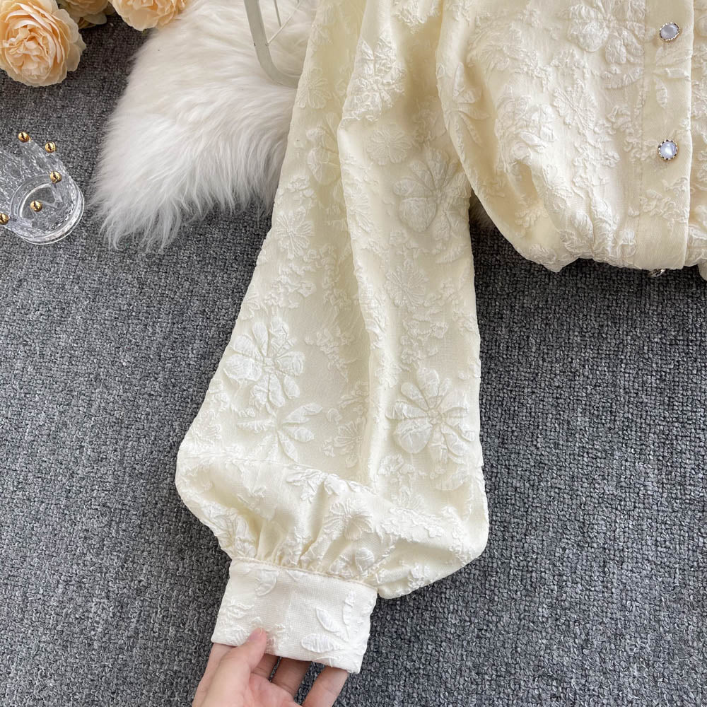 Retro jacquard ladies temperament beaded polo collar shirt S210