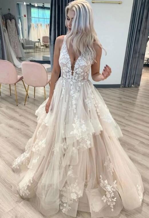 Elegant v neck open back lace long prom dress, wedding dress S1591
