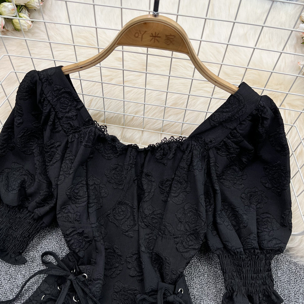 Cute jacquard lace-up top S142