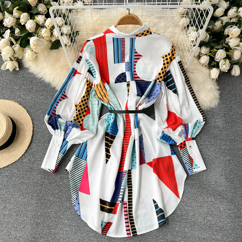 Stylish Printed Long Sleeve Shirt Dress S139