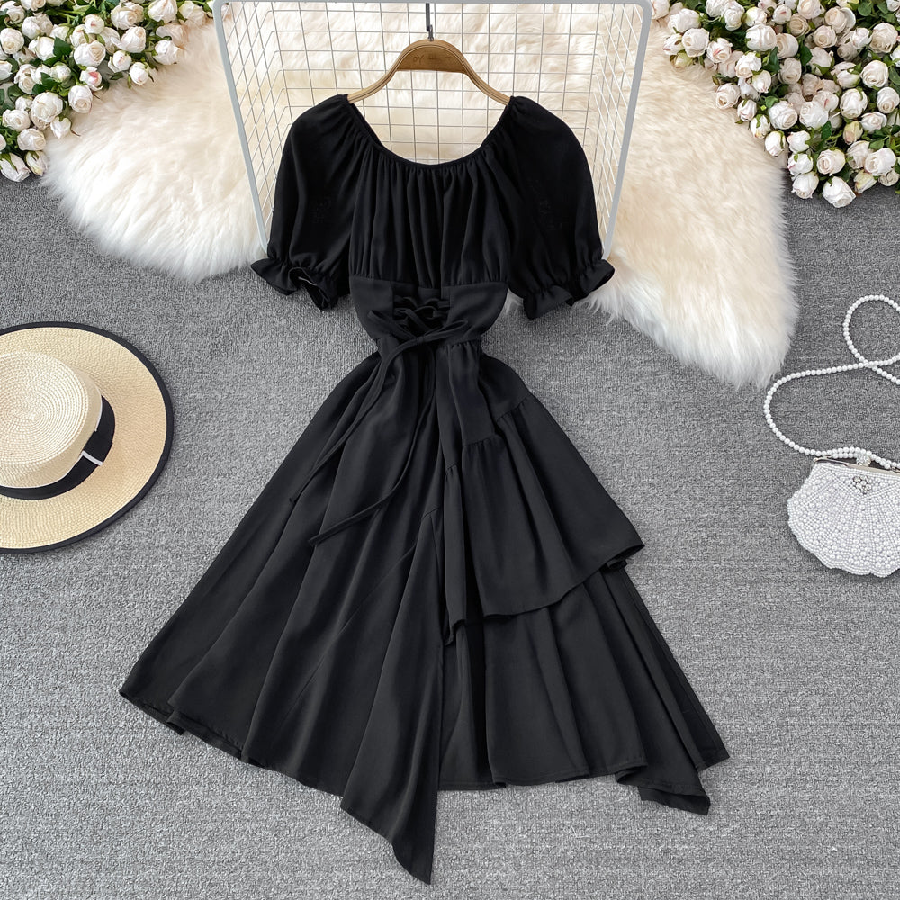 Simple lace-up dress with irregular dress S508
