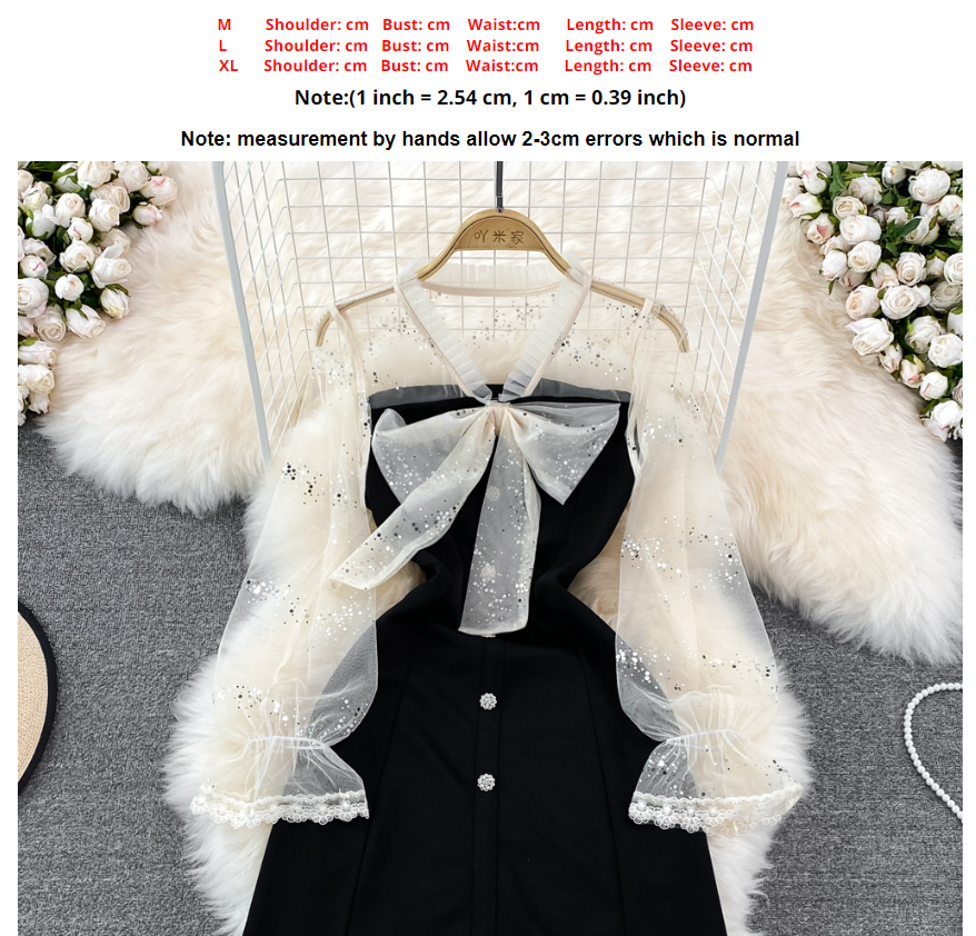 Women Clothes Temperament Robe Patchwork Gauze Black Dress V-neck Lace S555