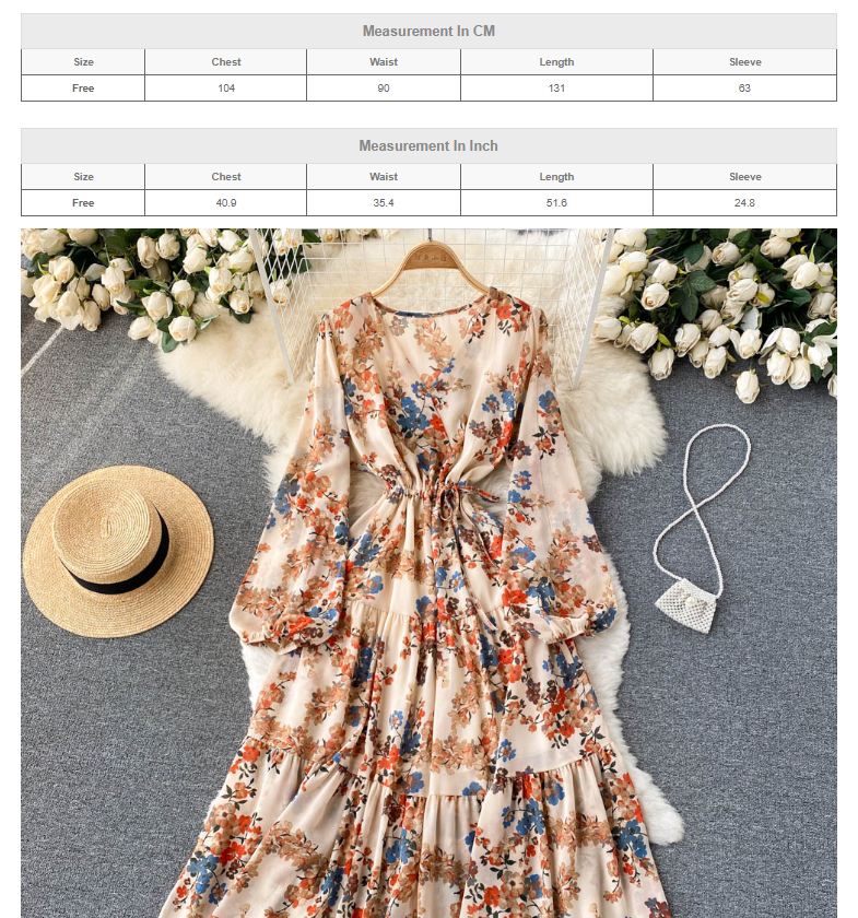 Floral Print OL Dress Summer Women Elegant Long Lantern Sleeve Robe Vintage S551