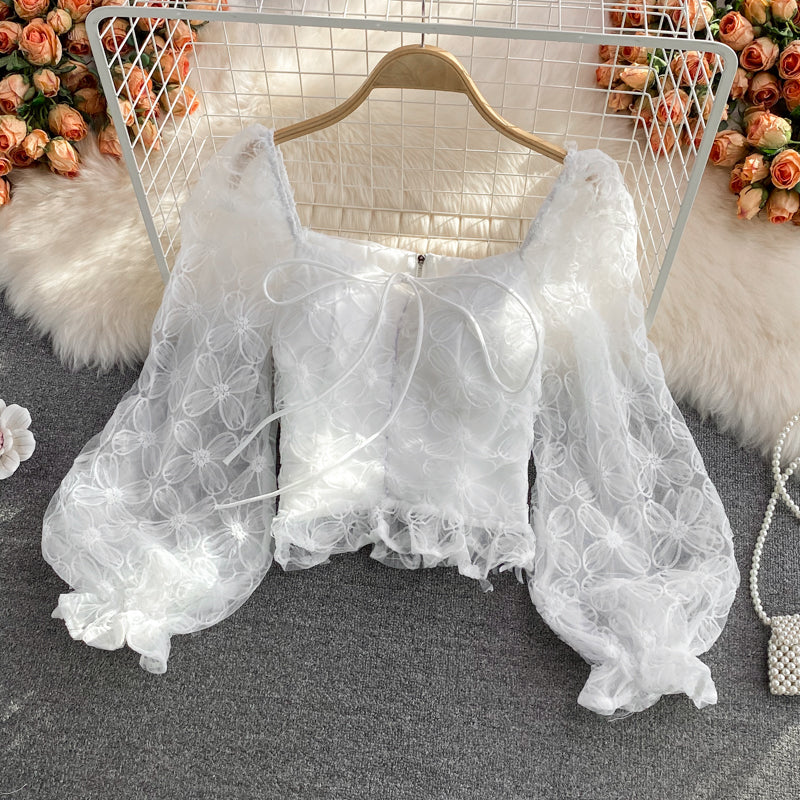 Cute tulle puff sleeve short tops crop tops S591