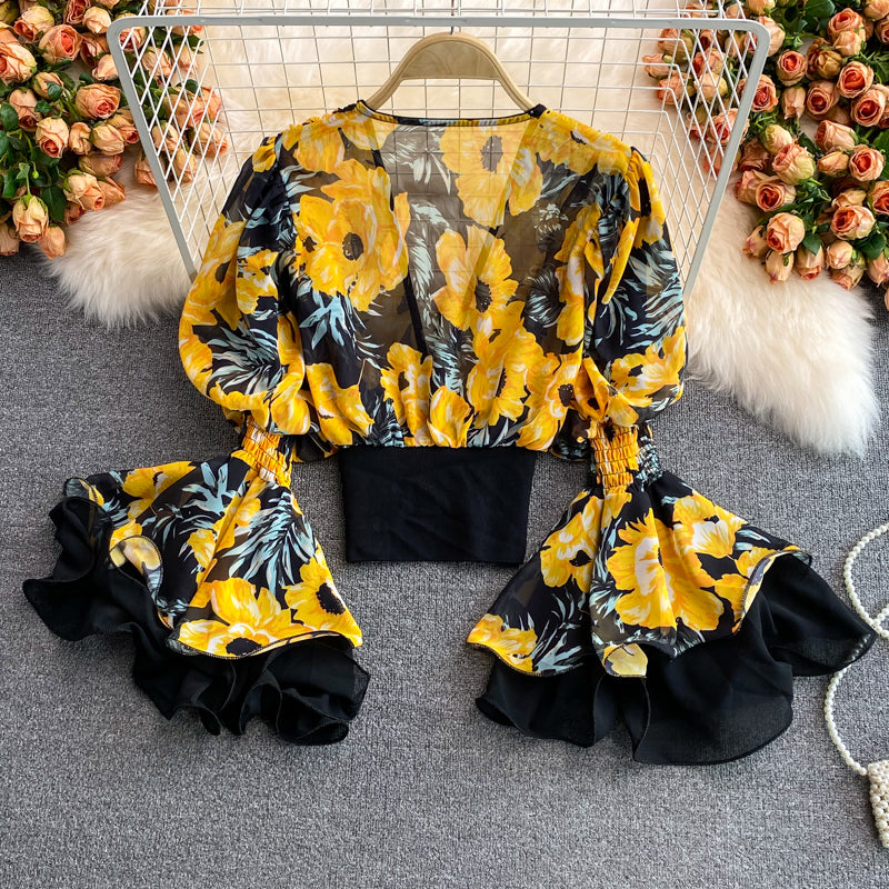 Deep V-Neck Ruffle Flare Dress S574