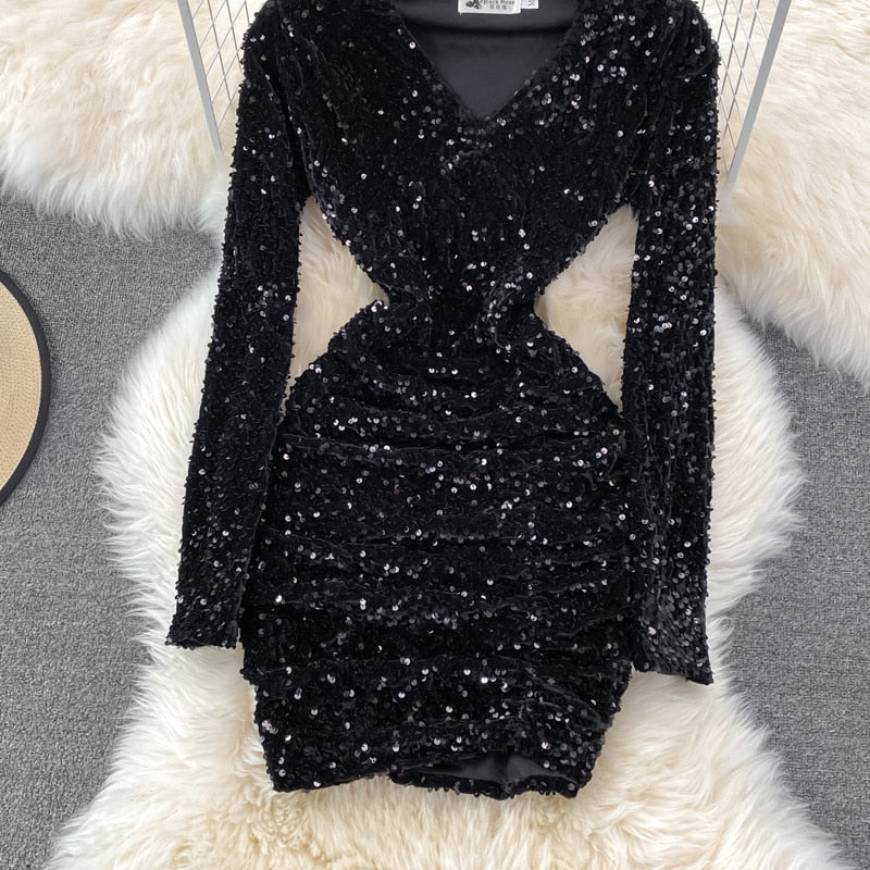 V-neck Sequins Glitter Dress S577