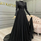 Black Evening Dresses Long Sleeves Beading Chiffon A-line Formal Prom Party Gown     S6899