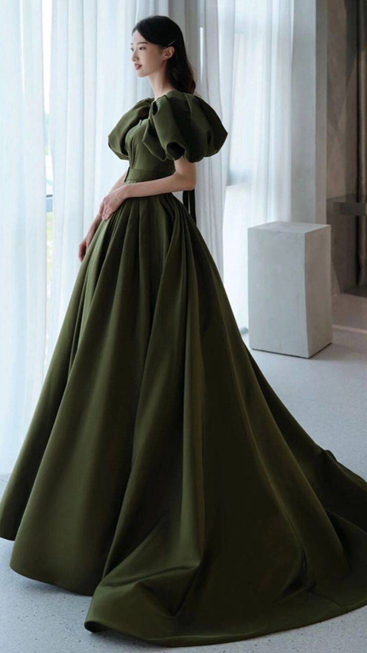 A Line Green Puffy Sleeves Long Evening Gowns Party Prom Dresses   S6931