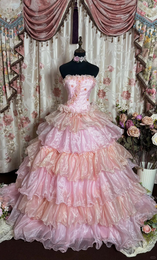 Pink Strapless A Line Ball Gown Long Prom Dress, Formal Evening Gowns     S6850